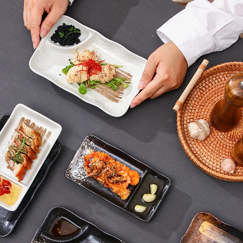 7/8 Inch Ceramic Divided Plate Soy Sauce Dish Snack And Dumpling Dishes For Japanese Sushi Korean BBQ Dim Sum Plates
