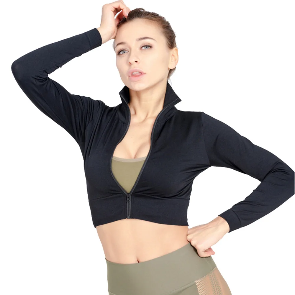 
Black Yoga Suit Quick Drying Women Sexy Fitness Wear Running Sports Coat Yoga Crop Top Autumn Winter 