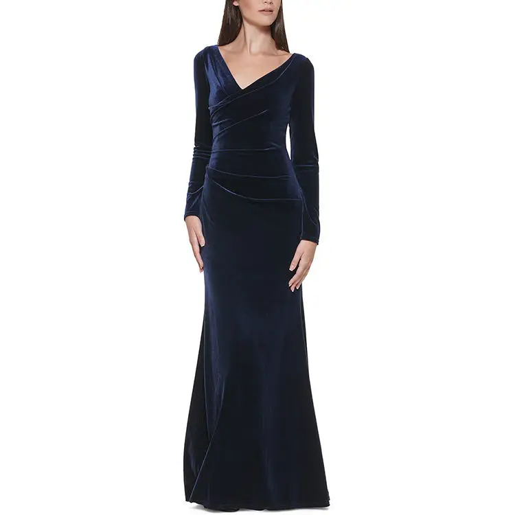 Dress fashion wholesale ladies women clothing formal v neck long velvet dress elegant customized casual dress women evening gown