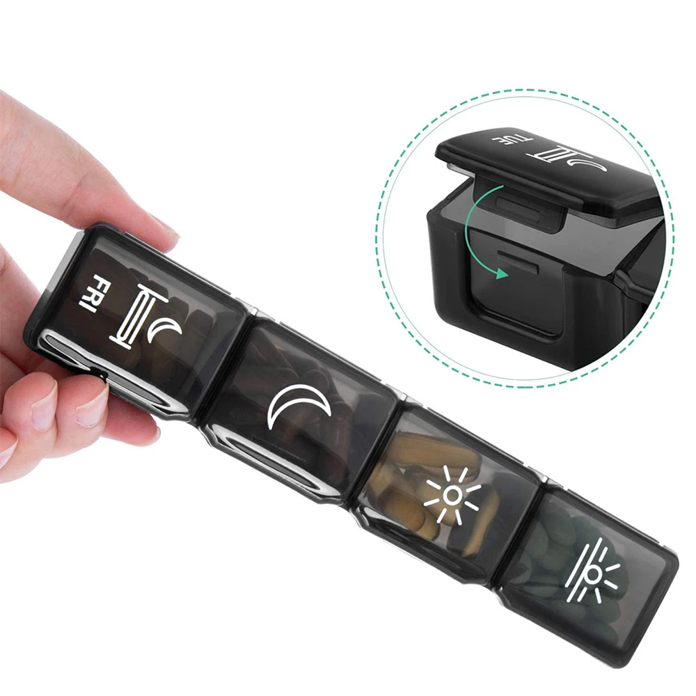 BPA Free Black Color Stock Plastic Product  Rainbow Color 7 Day Pill Organizer Small 28 Cases Weekly pill boxes