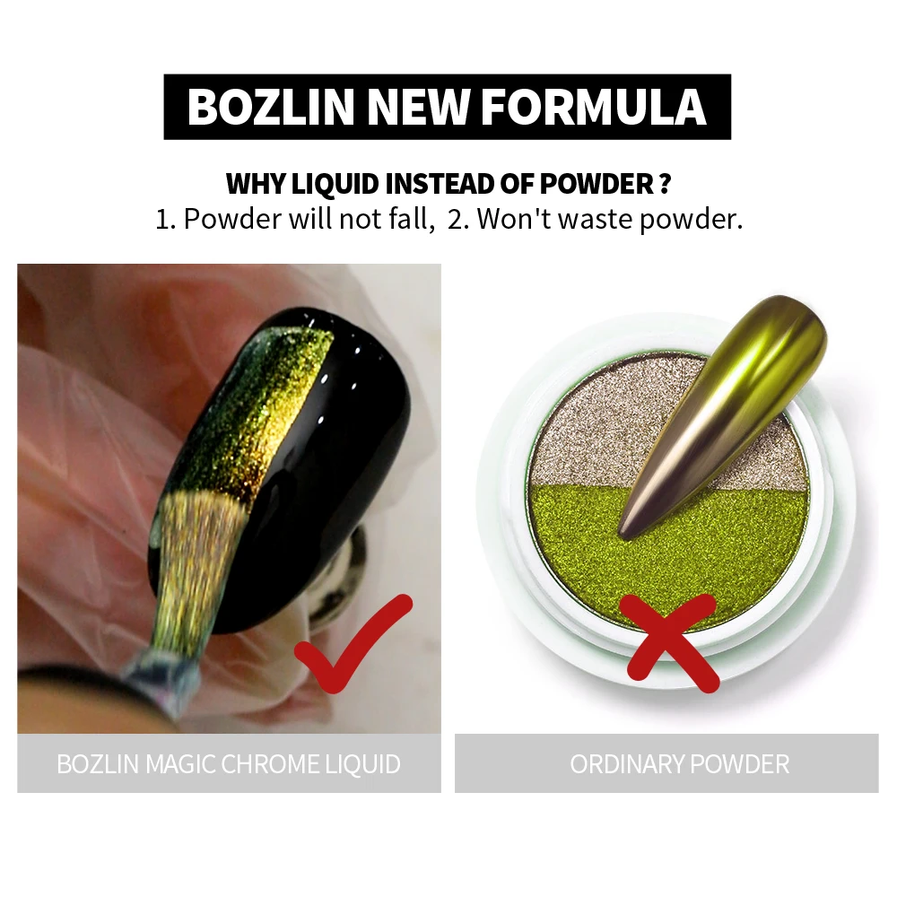 Bozlin Customize Luxury Packaging Boxes Magic Liquid Type Chrome Liquid Powder Pigment Nail Art Kit Mirror Powder