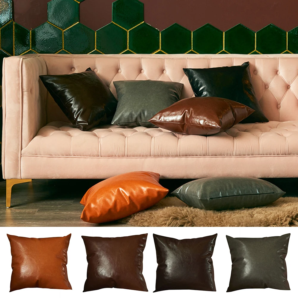 
Square Pillow Case Faux Leather Throw Pillow Case Cushion Cover for Home Office Car Decoration 