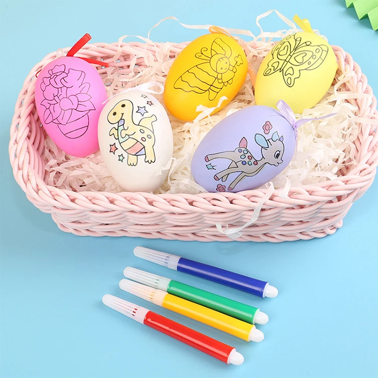 Wholesale Easter Party Backdrop Wall Decoration Hanging Ornaments Supplies Colorful DIY Painting Pen Eggs With Ribbon Set