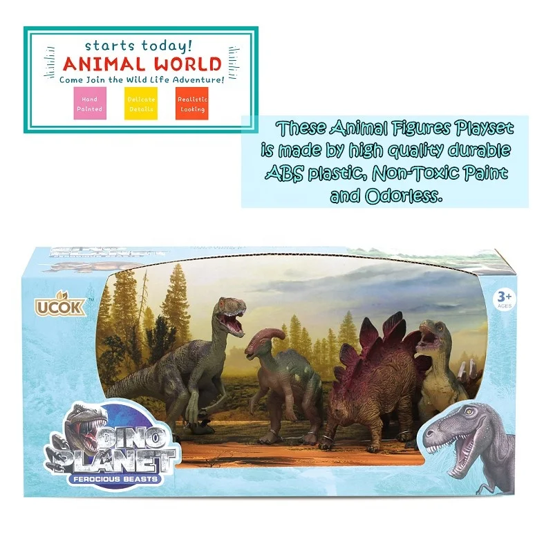 
4-Pieces Dinosaur Playset, Plastic Toy Animal Figurine Children gift home decorate with window box 