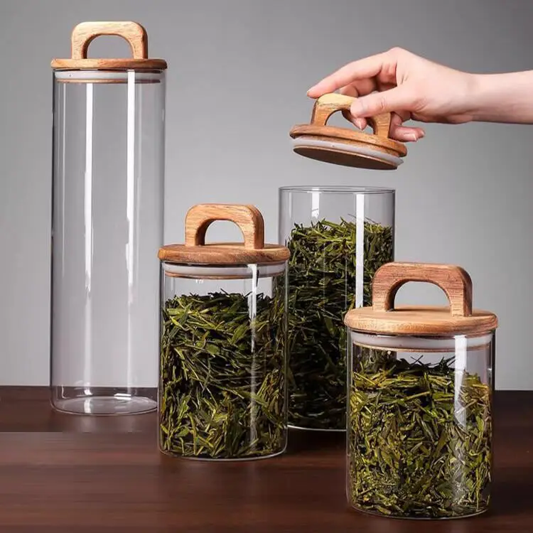 Kitchen Multi-grain Orange Peel Coffee Beans Glass Sealed Storage Tank Large Capacity Multi-size Solid Wood Cover Storage Tank