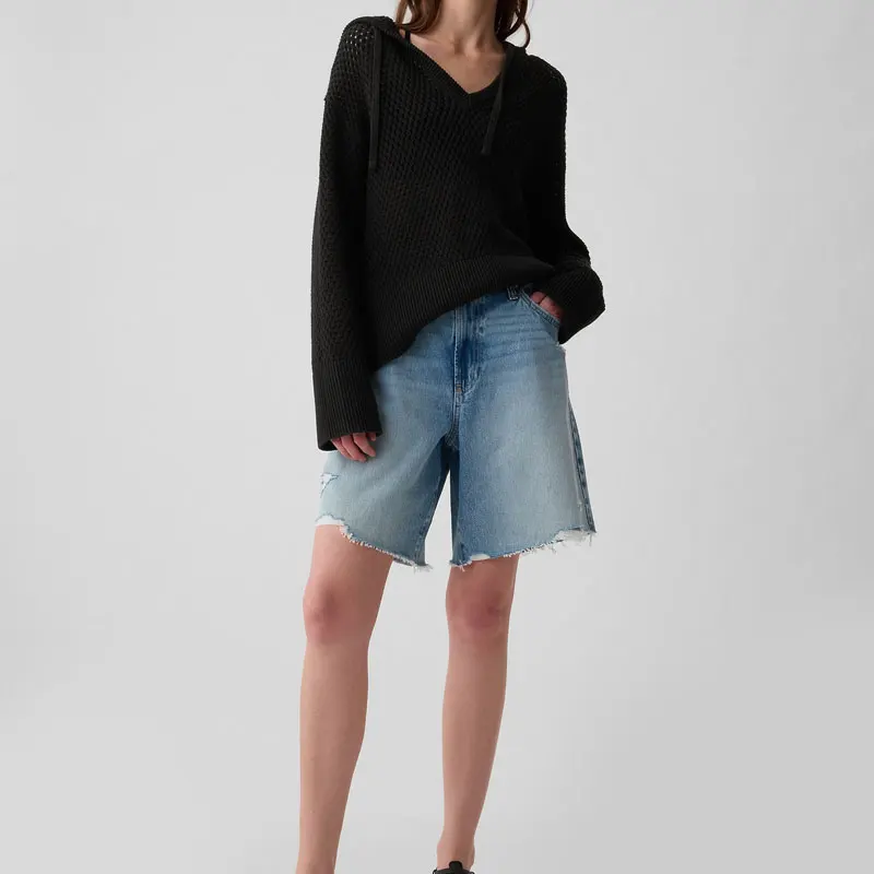 Wholesale Knitted pullover hoodie Sweater Sleeve Waffle Crew Neck Knitted Sweater For Women