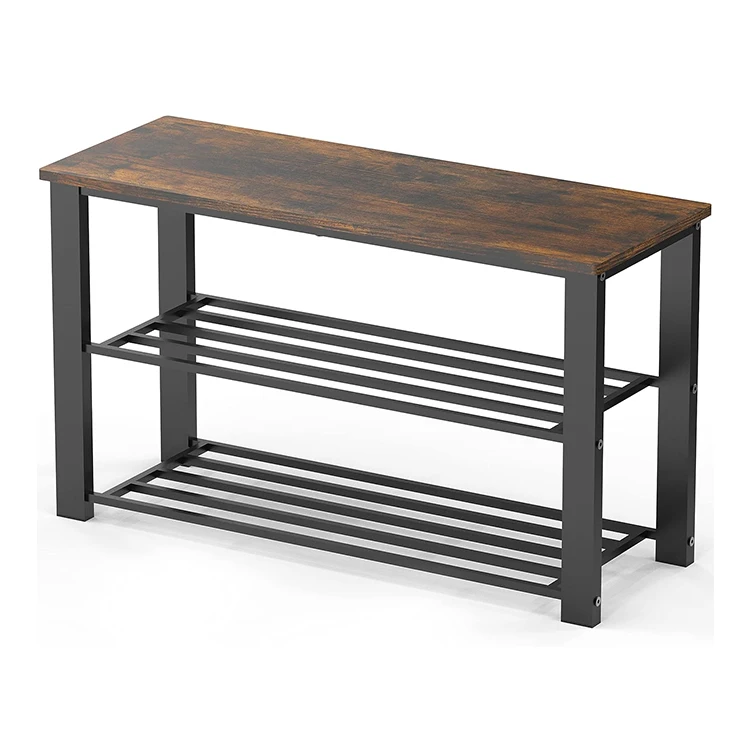 Factory Wholesale 3-Layer Shoe Bench Modern Wood Top Shoe Storage Rack with Metal Frame for Home Entryway and Living Room