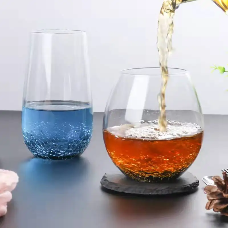 Custom Crystal Glass Goblet Ice cracked Glasses Red Wine Glass Crafted Handmade Personalized Blue Colored Stemless Wine glass