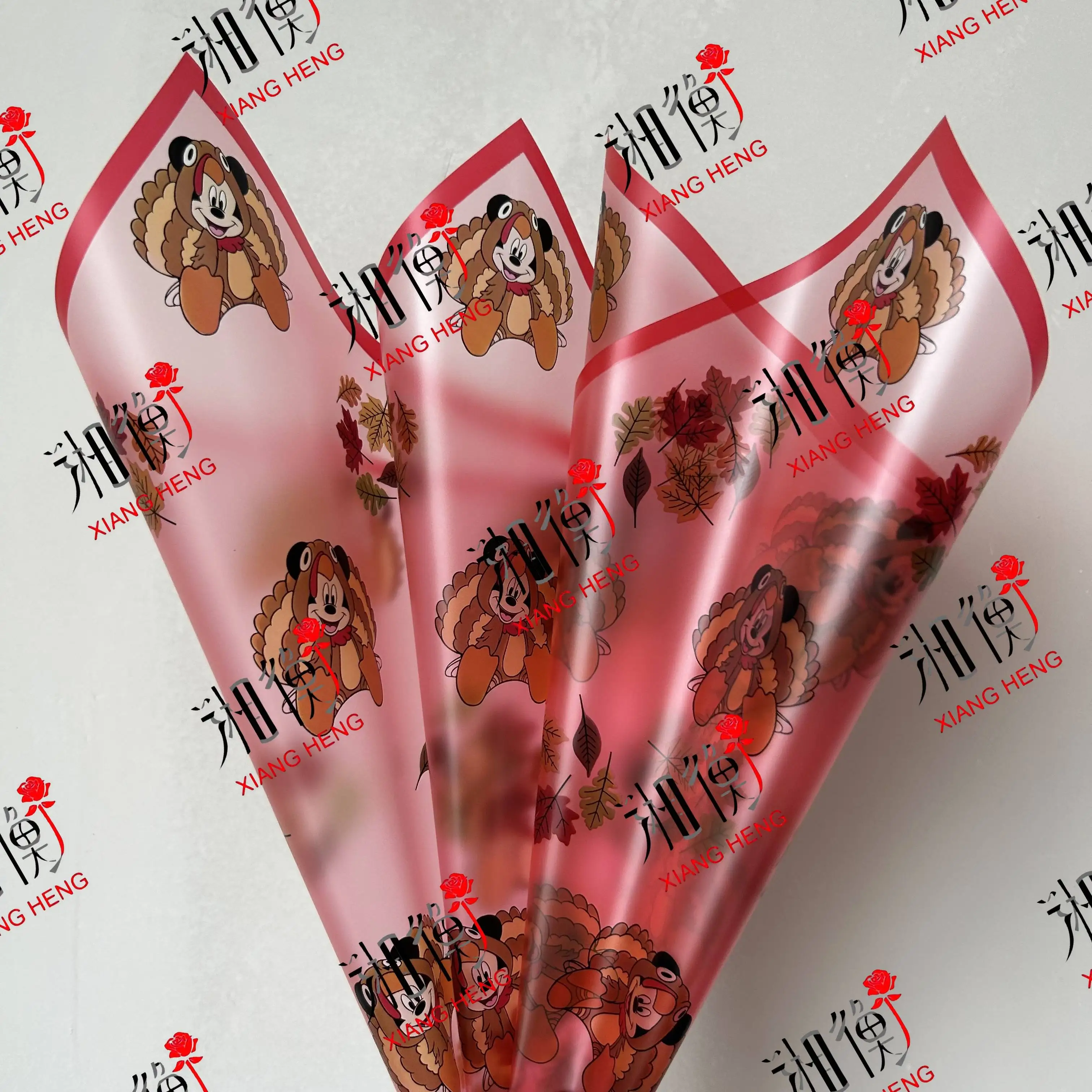 Thanksgiving Style Cartoon Mickey Mouse & Turkey Waterproof Frosted Flower Wrapping Paper Autumn Maple Leaf Florist Wrap Harvest