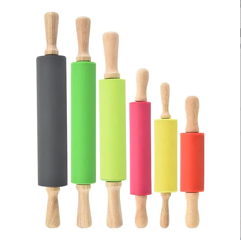 Пищевая силиконовая Скалка с деревянной ручкой, антипригарный ролик для теста и муки