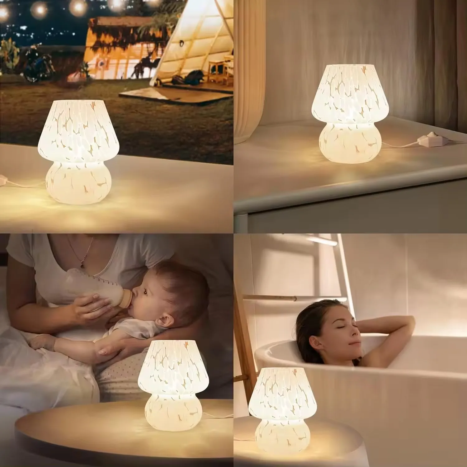 Mushroom Lamp Glass Table Bedside Lamps Translucent Vintage Style Striped Small Night Mushroom Decor Light Ambient Bedroom Lamps