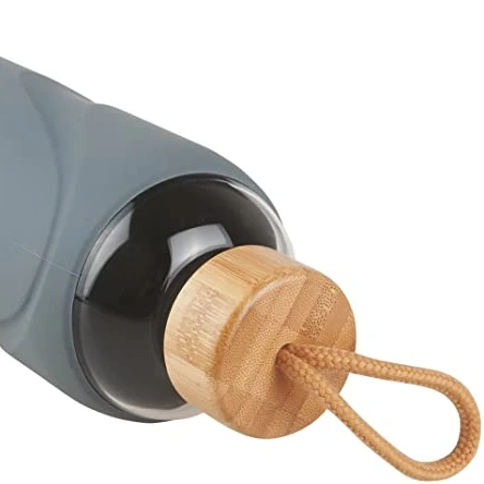 Sports Borosilicate Glass Water Bottle, Glass Drinking Bottle with Silicone Sleeve and Bamboo Lid 420ml