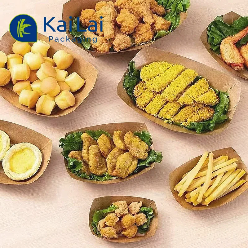 Recyclable Wholesale Food Paper Tray Chips Box Disposable Custom Print Paper Food Boat Tray French Fires Boat Container