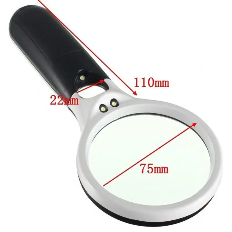 Free Sample ABS Handle 3 LED dia. 75mm  3X 15X 45X  Magnifying Book Reading Jewelry Magnifier Magnifying Glass Led Light