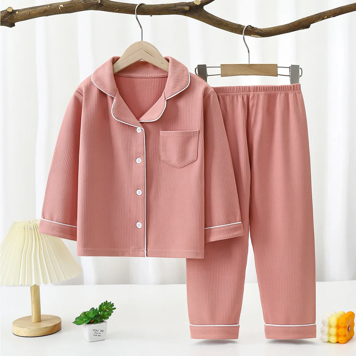 Wholesale 90-180cm Cotton Kids Pajamas 2024 Solid Color Breathable Casual Teen Girls Sleepwears Set