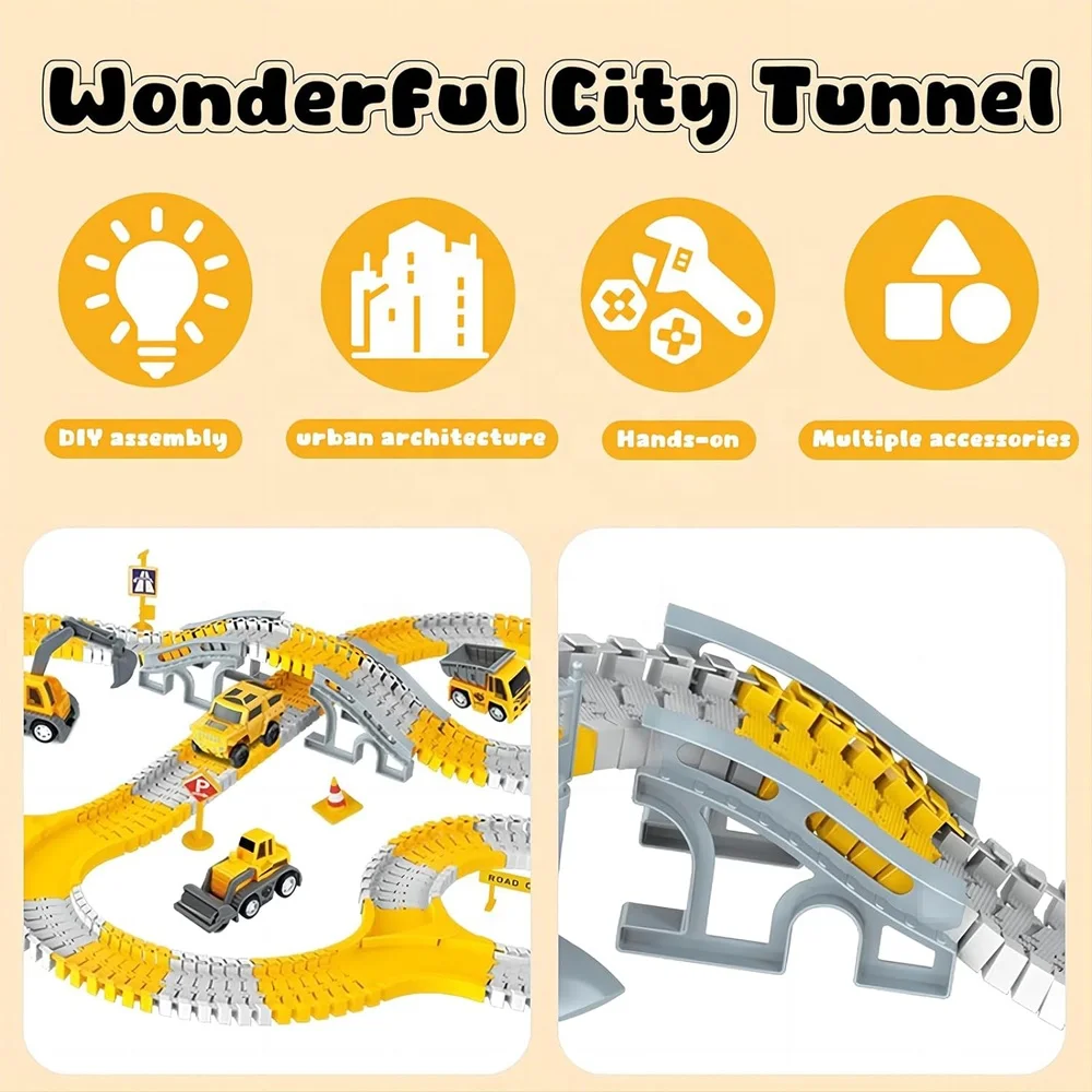 255pcs construction race tracks car electric engineering vehicles slot toy DIY assemble flexible track car play set for children