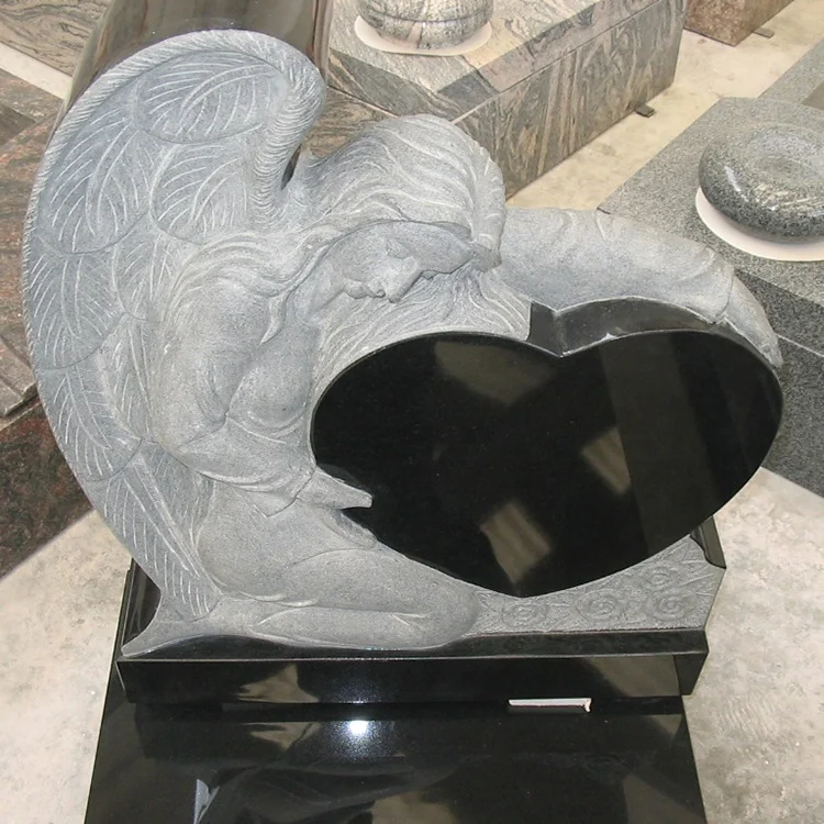 manufacturers direct selling Hand carved black Holding heart weeping angel granite tombstone