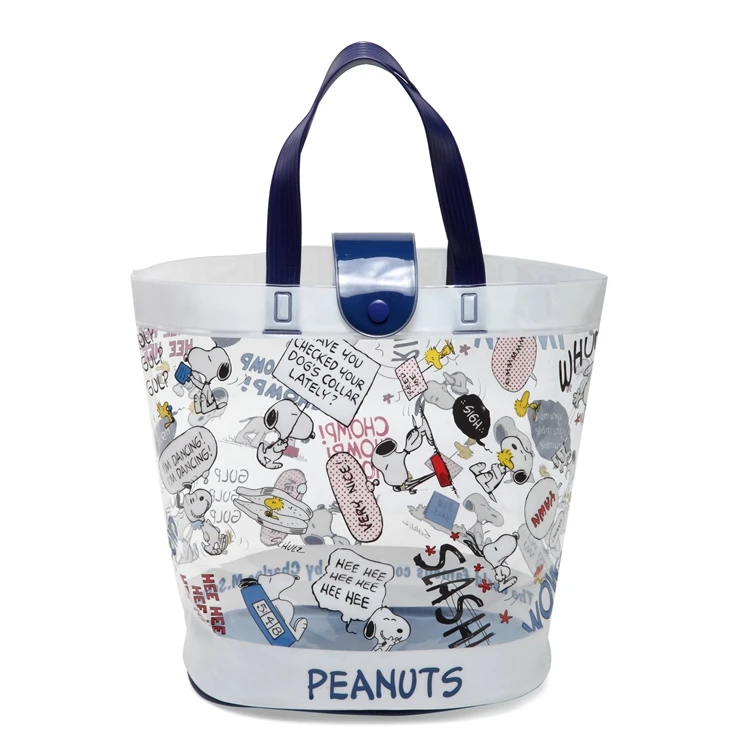 Girls Long Navy Blue PVC Tote Bag Handle Custom Logo Waterproof Feature Featuring White Anime Beach Bag