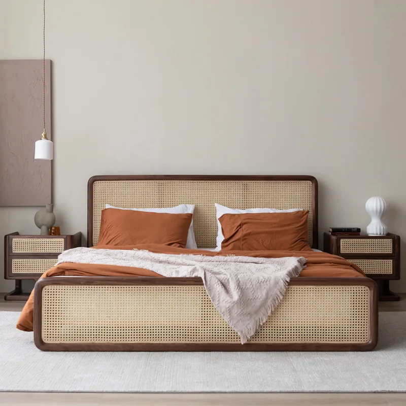 
Nordic Rattan Bed Hand Woven cane Retro Natural Made rural style 1.5m 1.8m king size queen size bed 