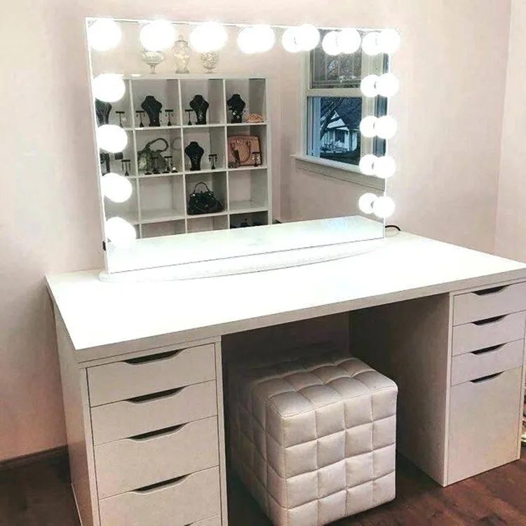 14 Leds Wood makeup vanity table with mirror set Dressing Table with mirror and draws makeup vanity table with mirror set