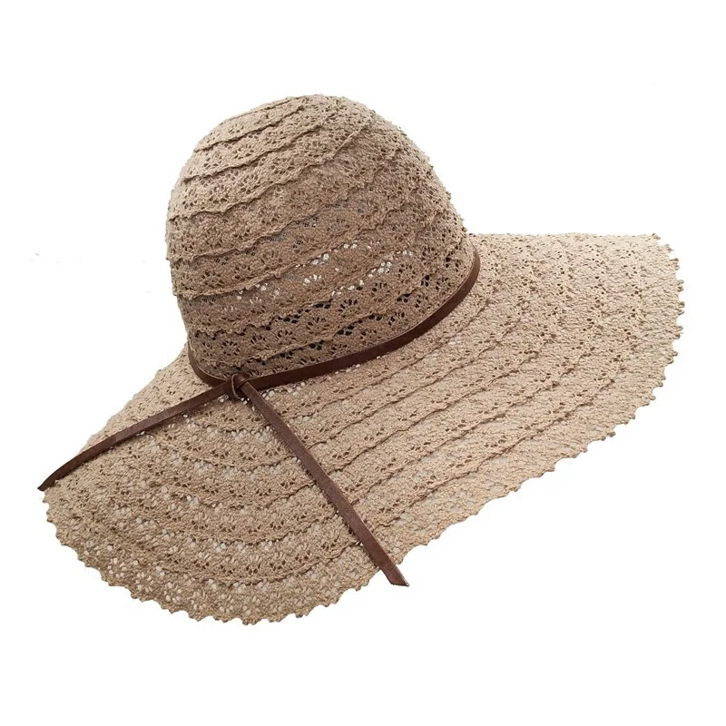 HH186 Women Packable Beach Caps Big Brim Sun Visors Dome Breathable Hat Lace Hollow Out Foldable Bow Straw Hats
