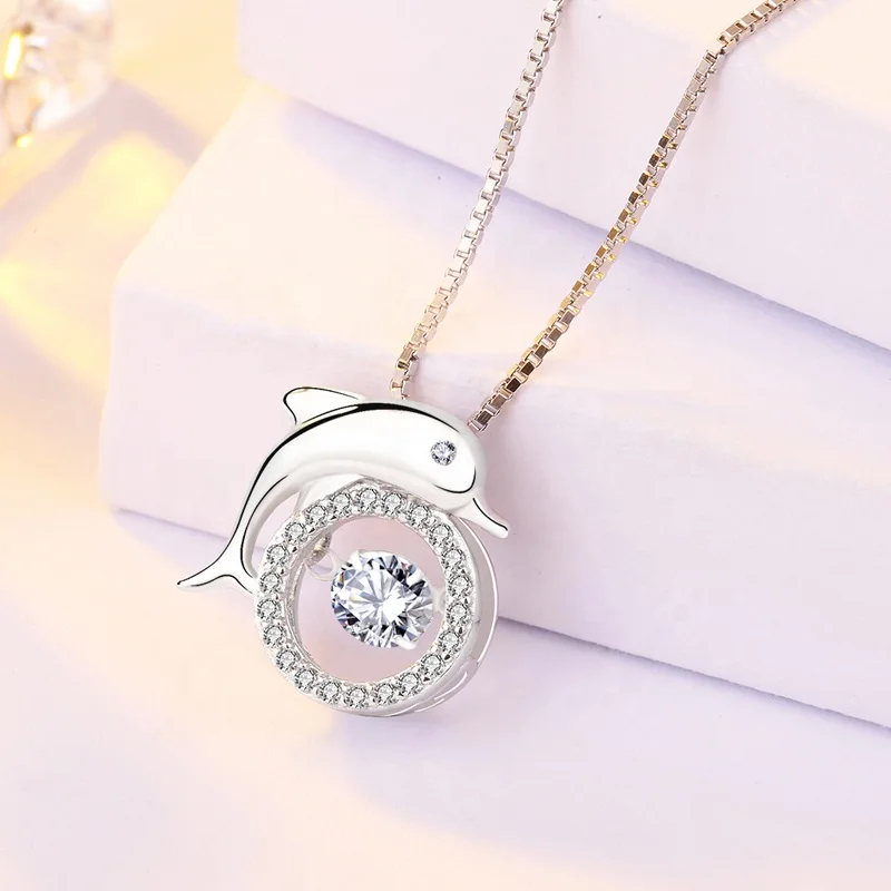 DC42 925 silver bright jewels lovely dolphin  jewelry  necklace with smart stone animal style for girls