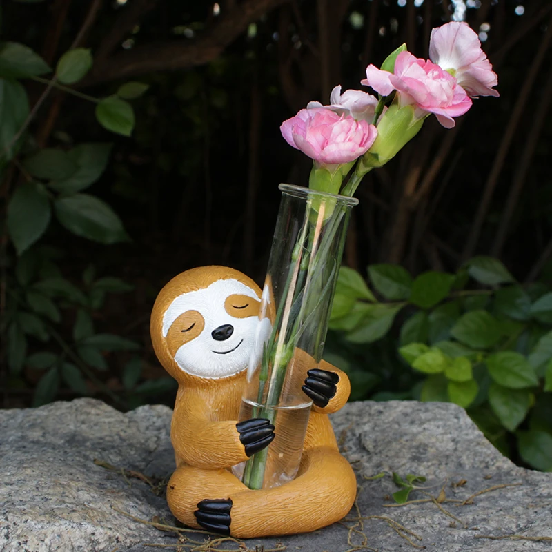 Modern Resin Sloth Holding Small Transparent Glass Tube Flower Vase