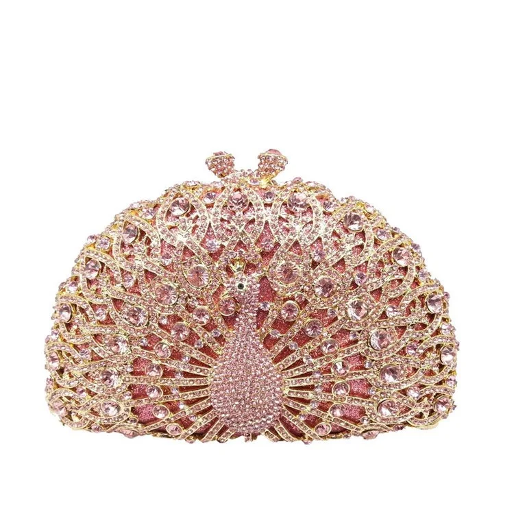 Chi belle luxury bling crystal rhinestone pink peacock purse party for ladies evening bag