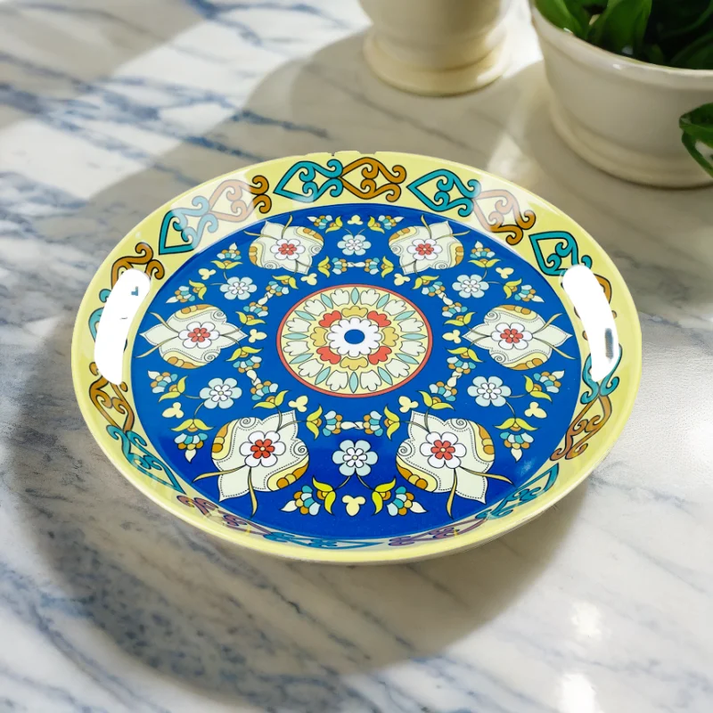 Round Shape Colorful Flower Decal Pattern Plastic Serving Trays Melamine Trays With Handle
