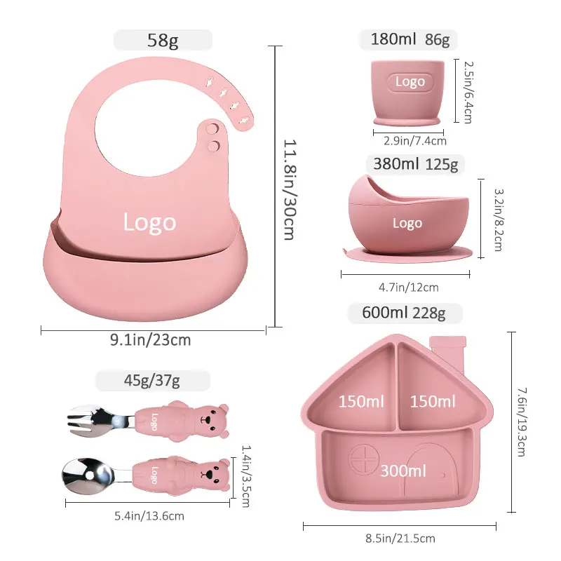 Silicone Feeding Set Bib Baby Silicone Tableware Set Children Bib Bowl Dinner Plate Spoon Fork Water Cup Kids Dinnerware