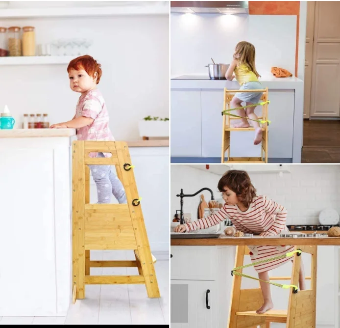 Kitchen Helper Stool for Toddlers, Bamboo Kids Learning Standing Step Tower with Adjustable Heights Platform and Safety Belt