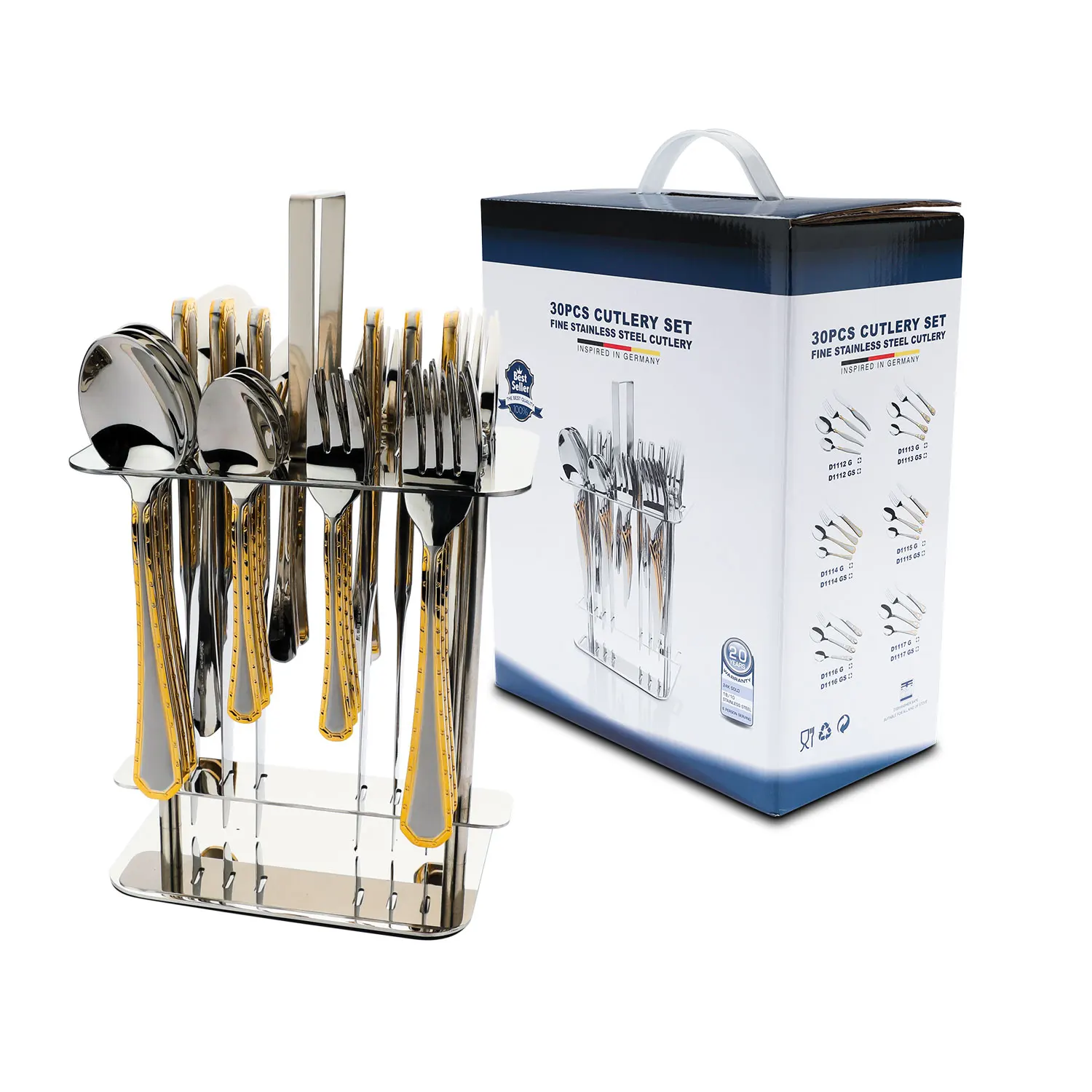 Gold flatware set 30pcs stainless steel cutlery set spoon and fork with metal stand holder in cutlery box