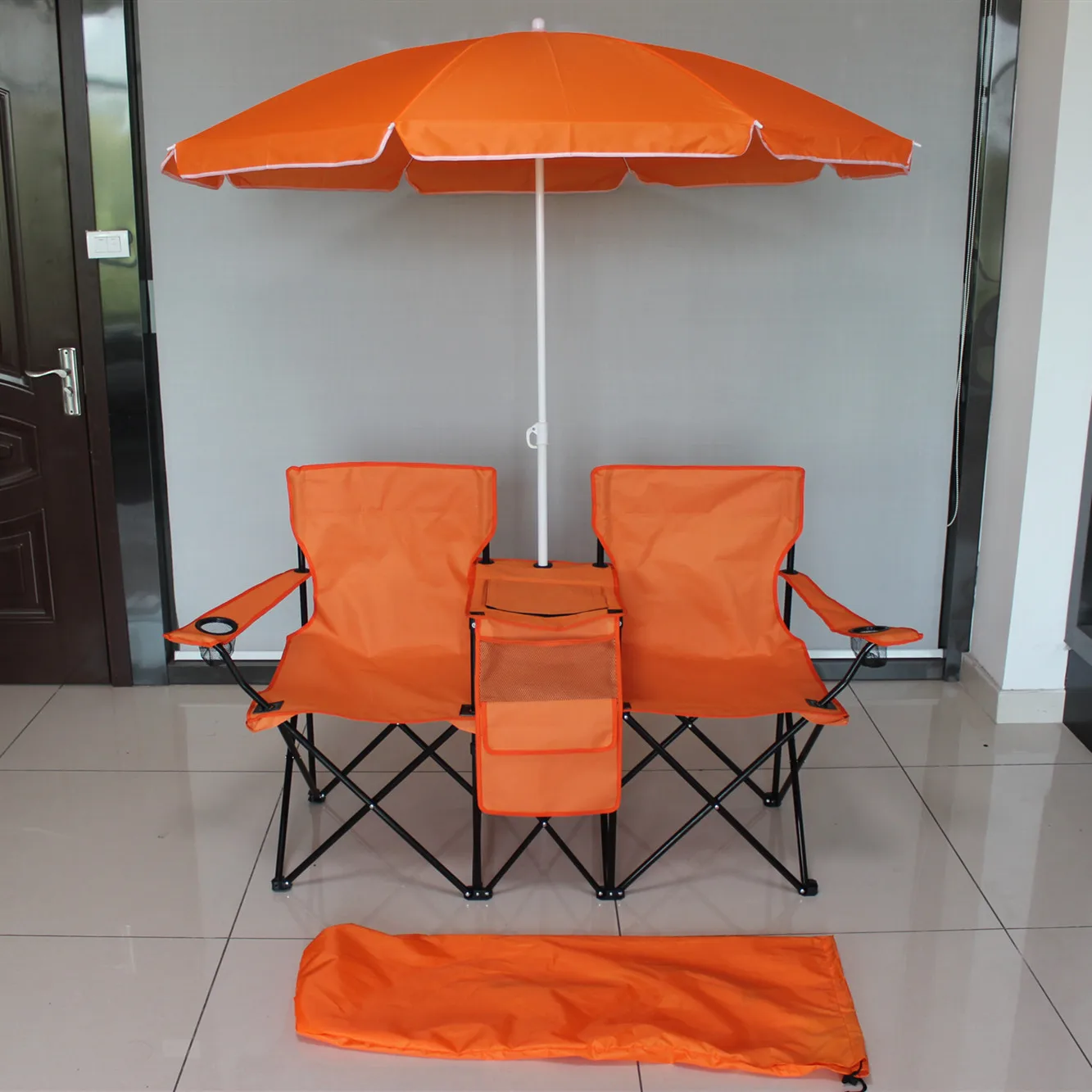 Customized Outdoor Two Seat Folding Double Beach Lover Chair With Umbrella Cooler