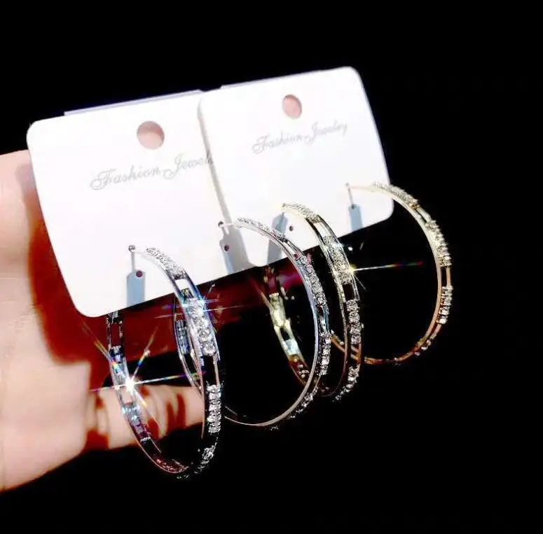  2021 New Gold Color Crystal Hoop Earrings for Women Rhinestone Round Circle Zircon Statement