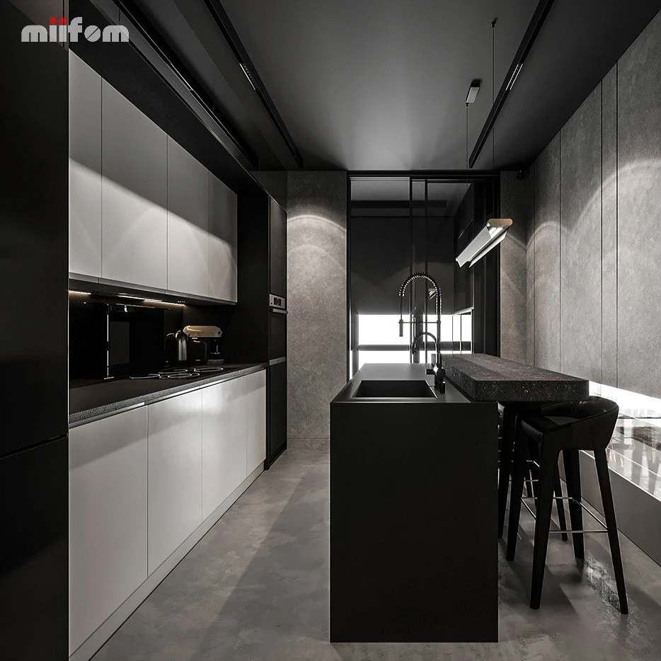 2024 popular high-end light grey slate door panel no handles kitchen cabinet with wine storage island