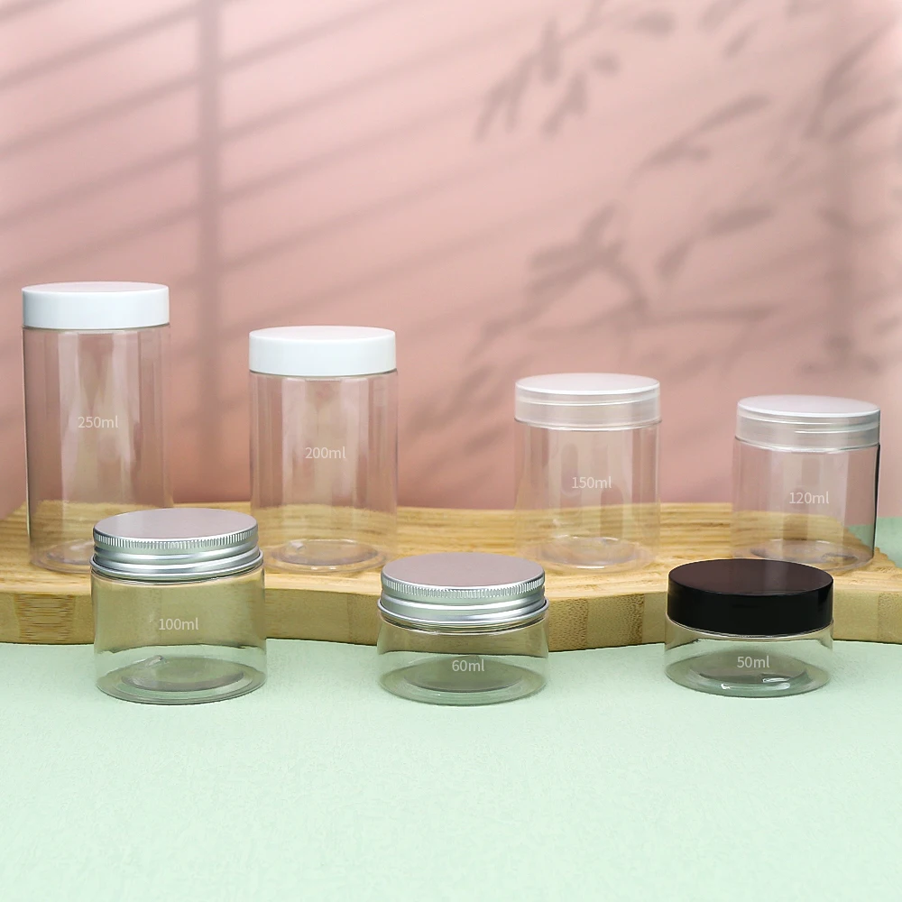 50ml 80ml 100ml 120ml 150ml 200ml 250ml 500ml 8 oz PS PET clear cosmetic cream jars plastic body scrub container with Black lids