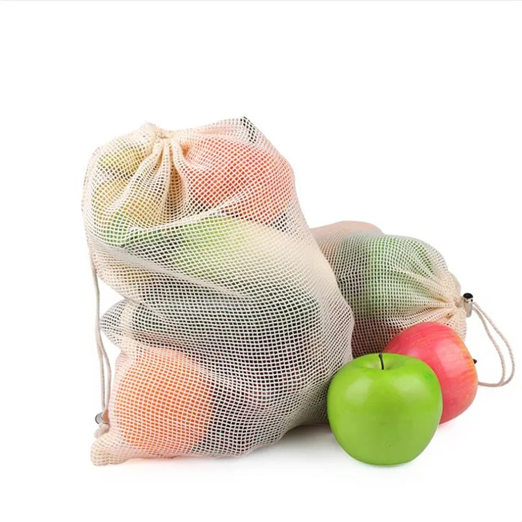 Custom 100% Cotton Mesh Cloth Drawstring Shopping Bags With Logo