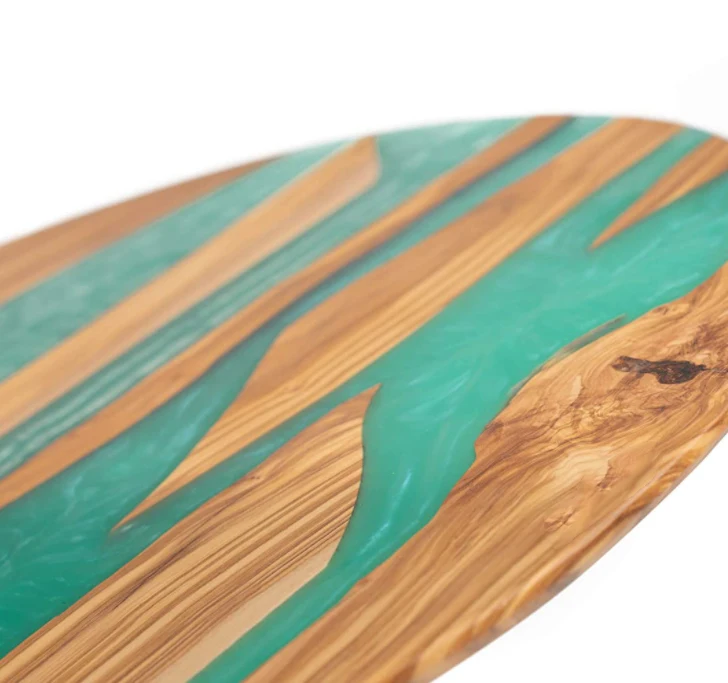 Olive wooden round cutting board with resin river, olive wooden cheese serving board