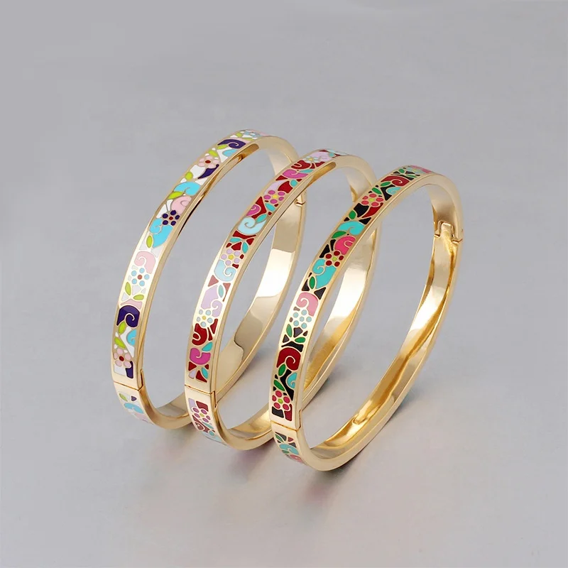 Stainless steel jewelry lady 6mm wide women cloisonne bracelet custom design colorful enamel flower hinged bangle
