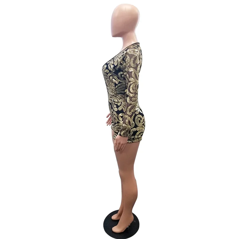 Fashion Long Sleeves Deep V Gold Sequins Bodysuits Lady Sexy Bodycon Jumpsuits Women Club Party One Piece Playsuits Plus Size