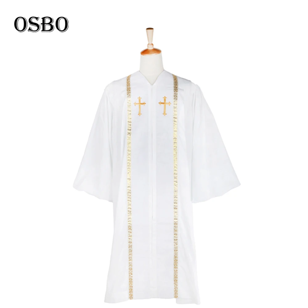 Custom Fine Matt Fabric White Wesley Clergy Robes White Velvet panel with Gold Embroidery