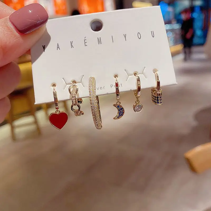 Korean earring set with Zircon Earrings and red heart blue diamond moon lock Earrings