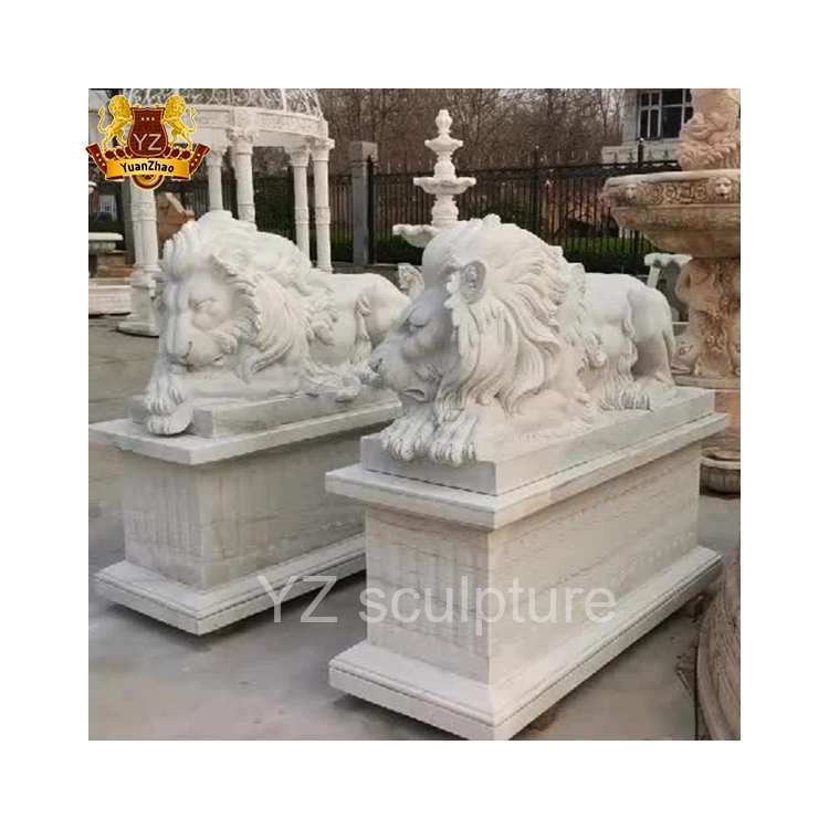 Outdoor Garden Hand-Carved Natural Marble Stone Lion Statue Granite Right & Left Lion Status Winged Marble Lions Statue