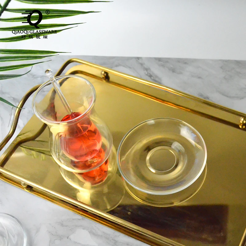 Wholesale Handmade double-layer glass Turkish black tea cup home coffee cup set glass spoon stirring tea cup