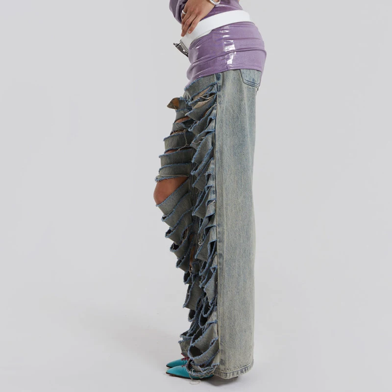 OEM Latest Designer Slashed Straight Boyfriend Pants Ripped Low Rise Extremely Shredded Trousers Denim Jeans For Girls