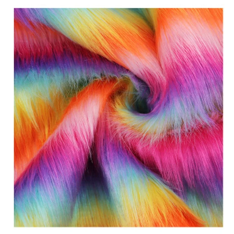 Hot Sale Fashion Garment Long Pile 6 Color Shag Faux Fur Jacquard Artificial Rainbow Faux Fur Fabric