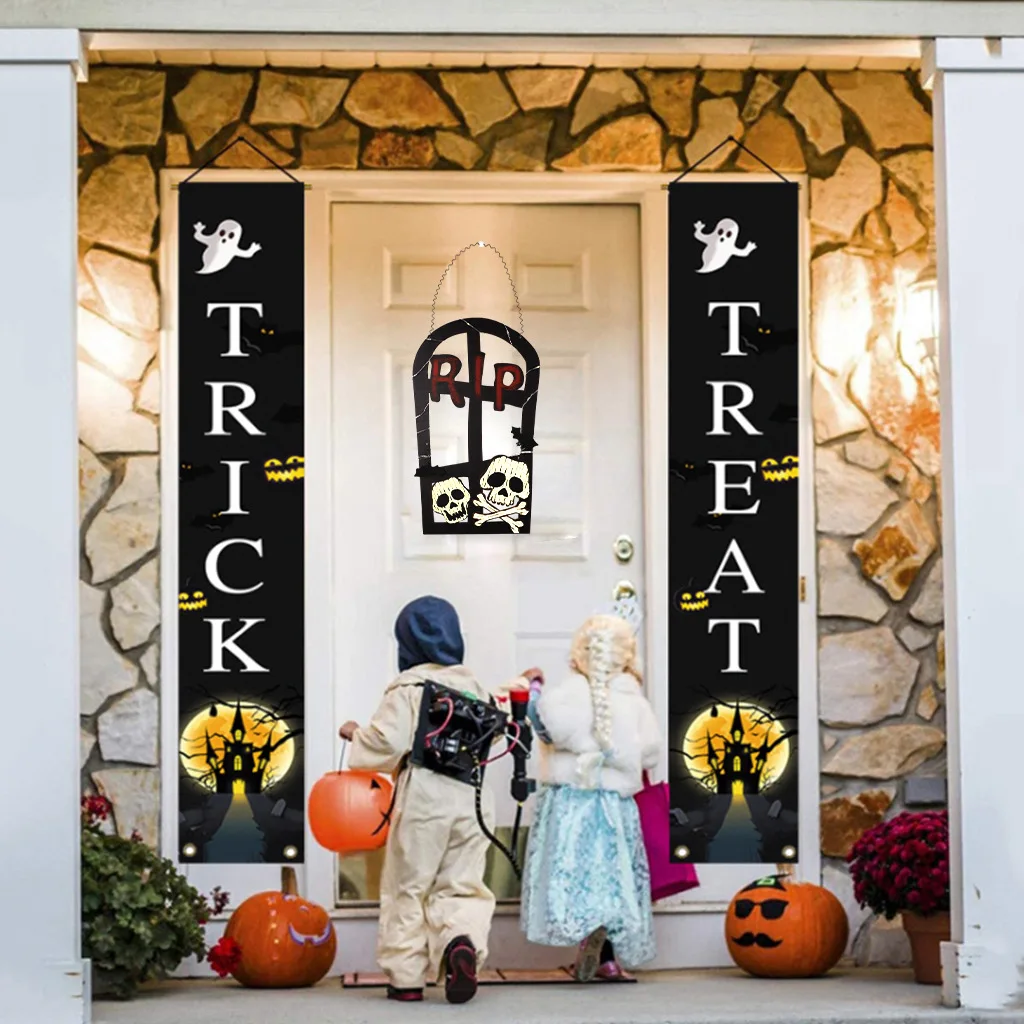 Halloween Decoration Tombstone Modeling LED Lights Door Hanging Pumpkin Skeleton Welcome Sign Wall Decoration Hanging Crafts