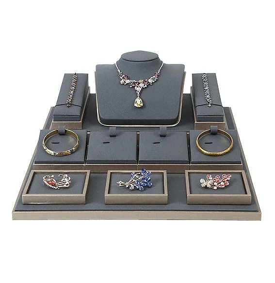 SKQ OEM Custom Holder Color PU Leather Wooden Ring Bracelet Chain Display Jewelry Display Stand Sets For Store