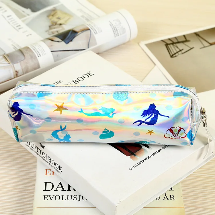 Cute Mermaid Holographic Pencil Case for Kids Waterproof Unicorn Laser Leather Zipper Pen Pencil Case Bag for Gift