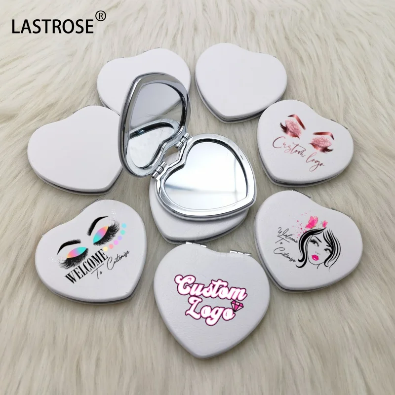Wholesale pink heart compact mirror pu leather mini pocket makeup mirrors private label metal cosmetic mirror